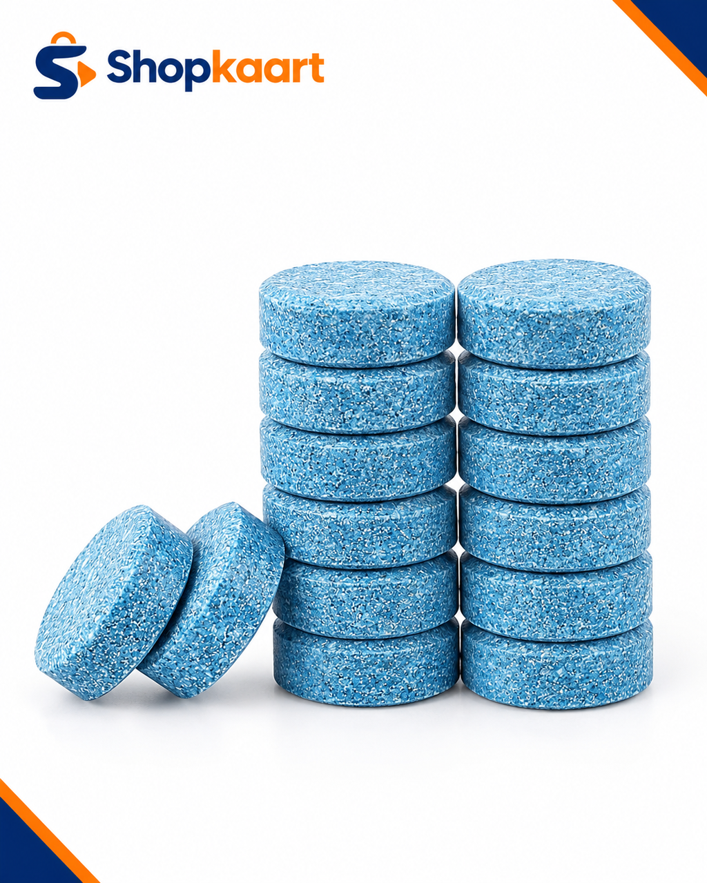 Three stacks of round blue tablets with two tablets leaning on the left, photographed on a white background with the Shopkaart logo in the top left corner.