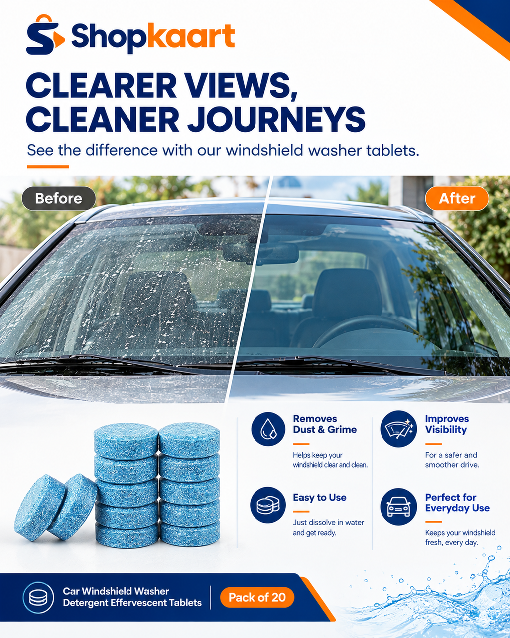 Promotional graphic for Shopkaart car windshield washer detergent effervescent tablets. The image features a split-screen comparison of a car windshield, with a dirty, water-splattered view on the left and a clean, clear view on the right.
