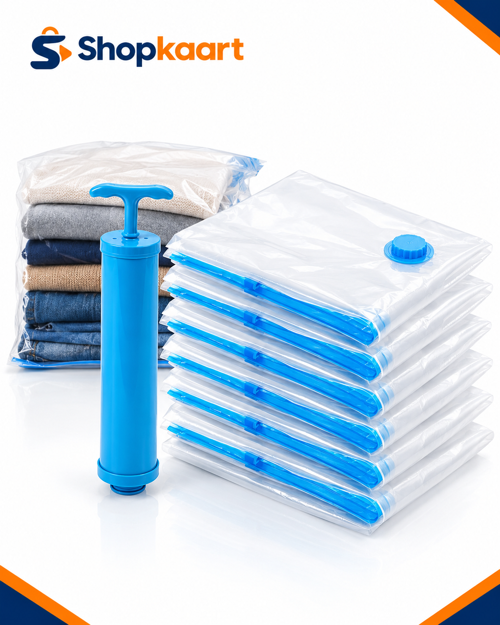 A set of clear plastic clothes storage bags with blue valves and pumps, shown with folded clothes inside a bag and a blue manual pump. The Shopkaart logo is visible in the top left corner.