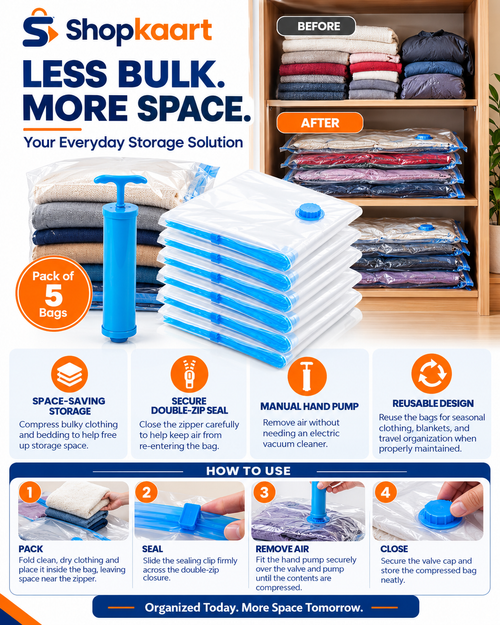 Shopkaart vacuum zippered storage bag pack set with a blue manual pump and clear plastic bags, shown with before/after closet organization comparisons and step-by-step usage instructions.