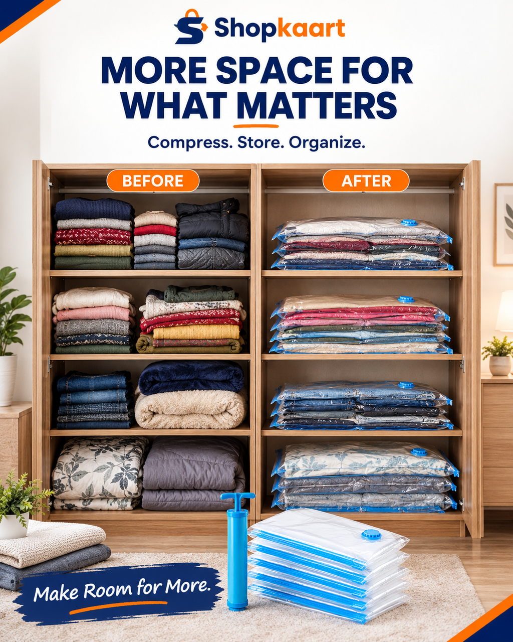 A promotional graphic for Shopkaart vacuum storage bags, showing a wooden closet organizer filled with folded clothes and bedding in a styled room. The image includes 'BEFORE' and 'AFTER' labels, a blue hand pump, and stacks of blue and white vacuum bags in the foreground, with Shopkaart branding and marketing text at the top.