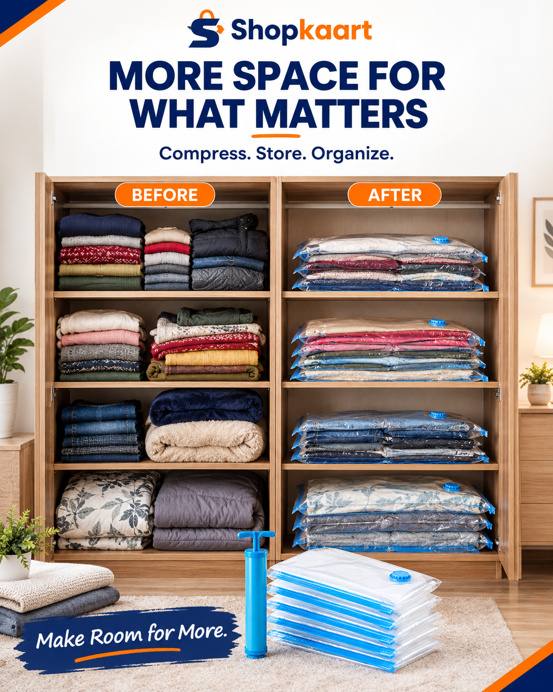 A promotional graphic for Shopkaart vacuum storage bags, showing a wooden closet organizer filled with folded clothes and bedding in a styled room. The image includes 'BEFORE' and 'AFTER' labels, a blue hand pump, and stacks of blue and white vacuum bags in the foreground, with Shopkaart branding and marketing text at the top.